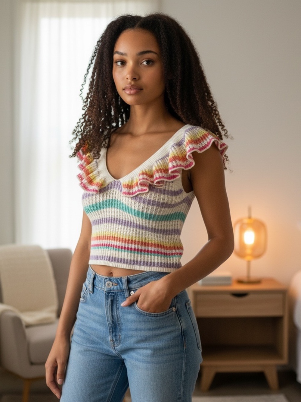 Weekend Ruffled V-Neck Knit Crop Top in Multicolor Stripes